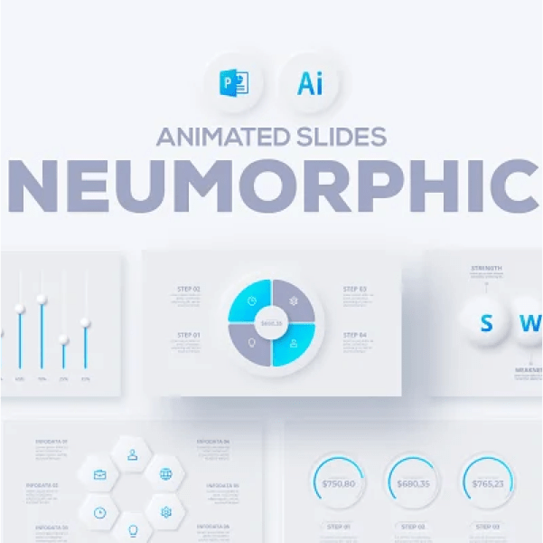 Neumorphic アニメーション付 infographics PowerPoint テンプレート